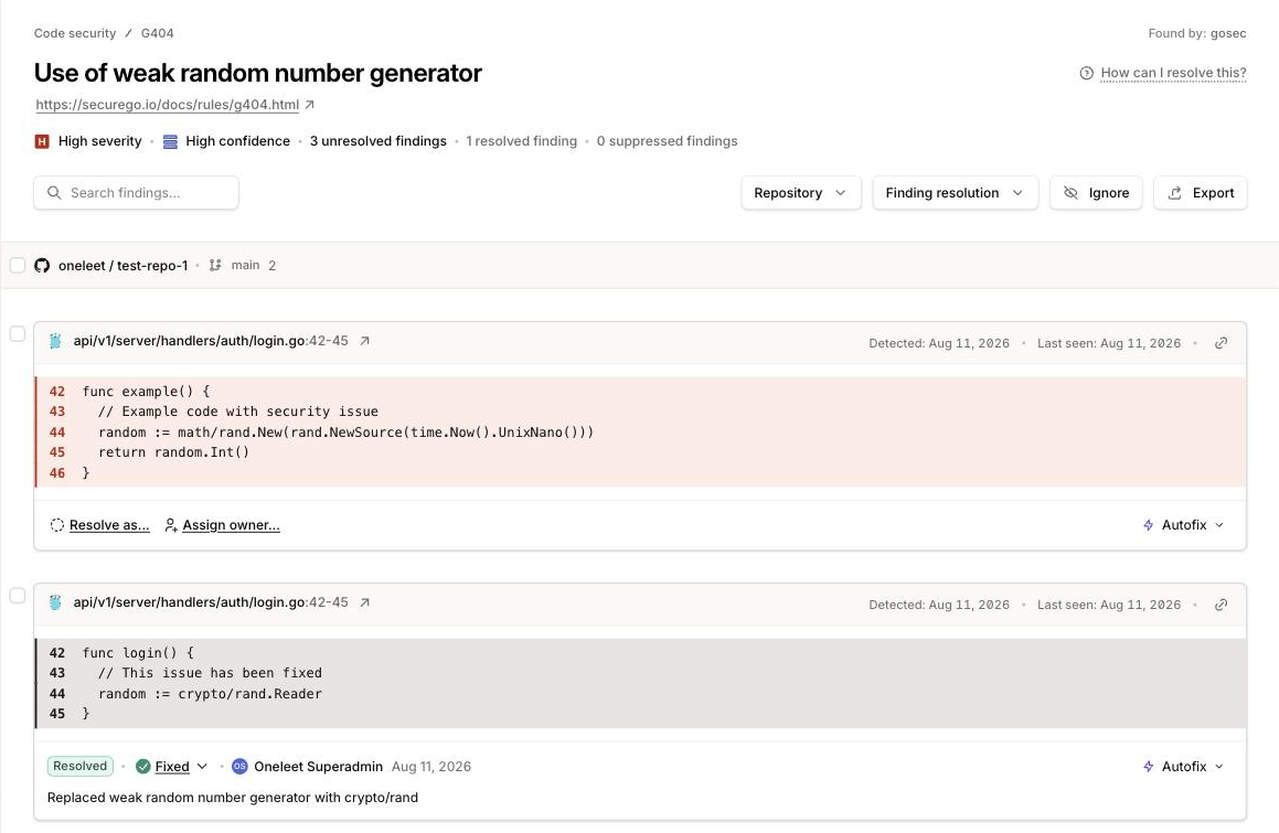 An issue page with an open finding and a resolved finding